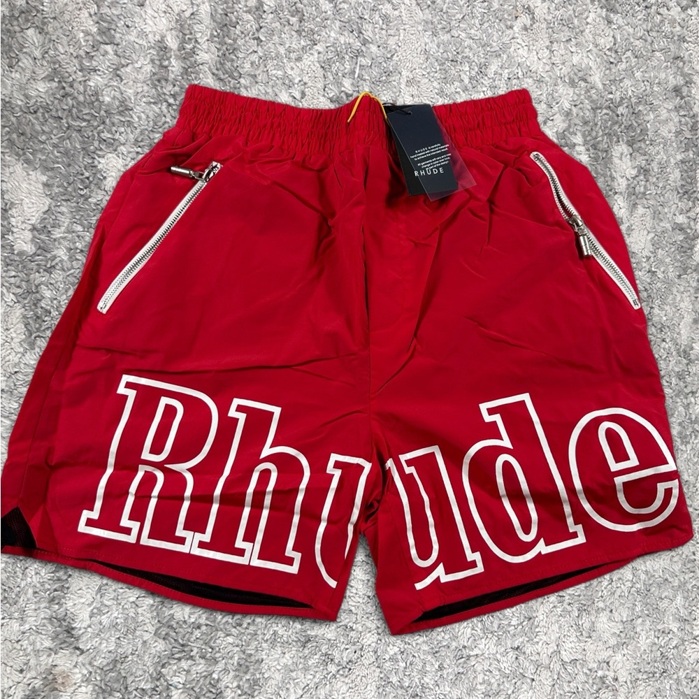 NWT Rhude Red on White Logo Large Shorts